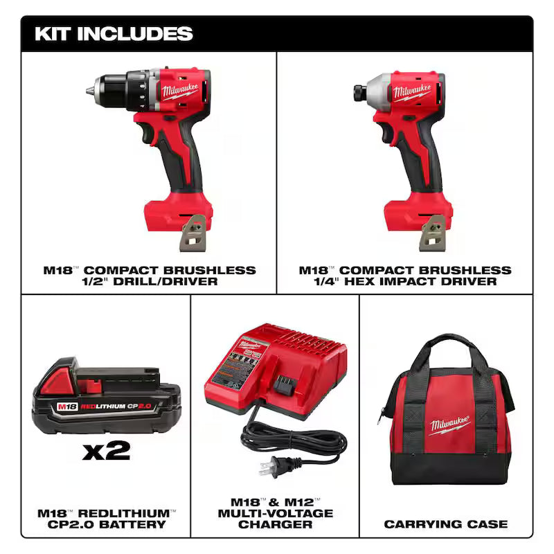 18V Lithium-Ion Brushless Cordless Compact Drill/Impact Combo Kit 2-Tool D2055