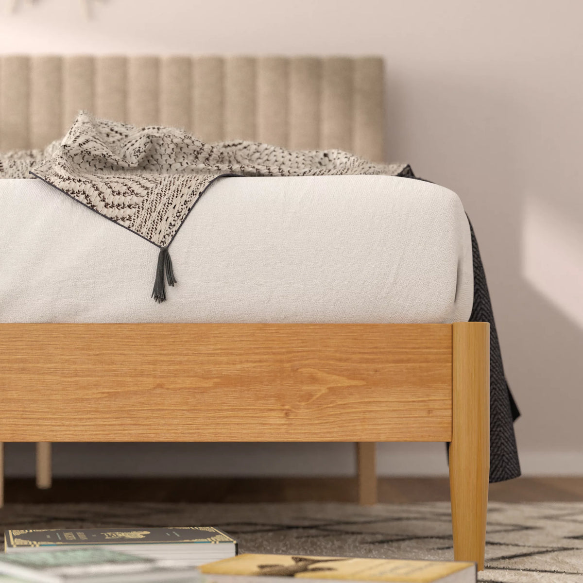 Queen Wood Platform Bed Frame with Upholstered Headboard V296363