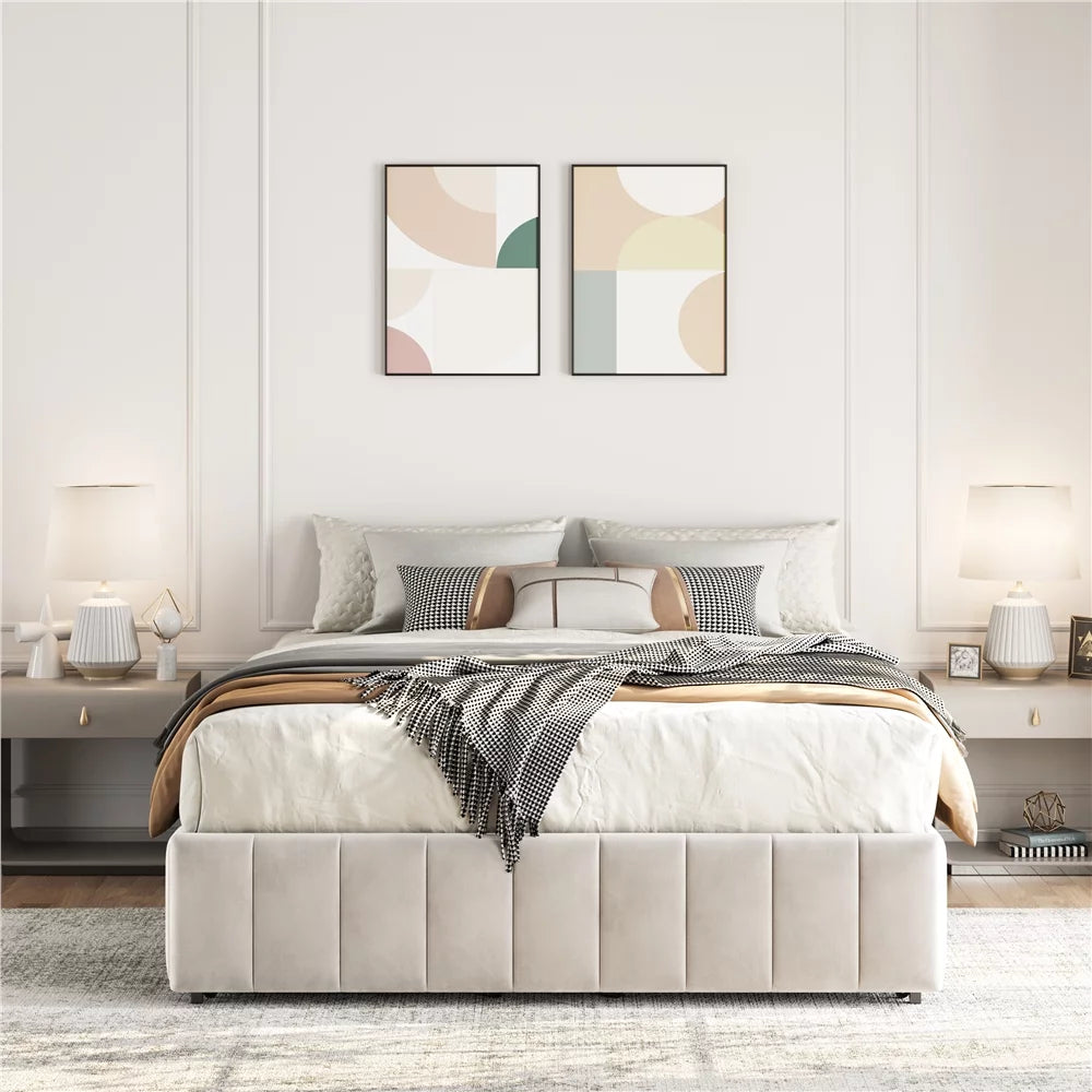 Beige Upholstered Storage Bed with 4 Drawers B824