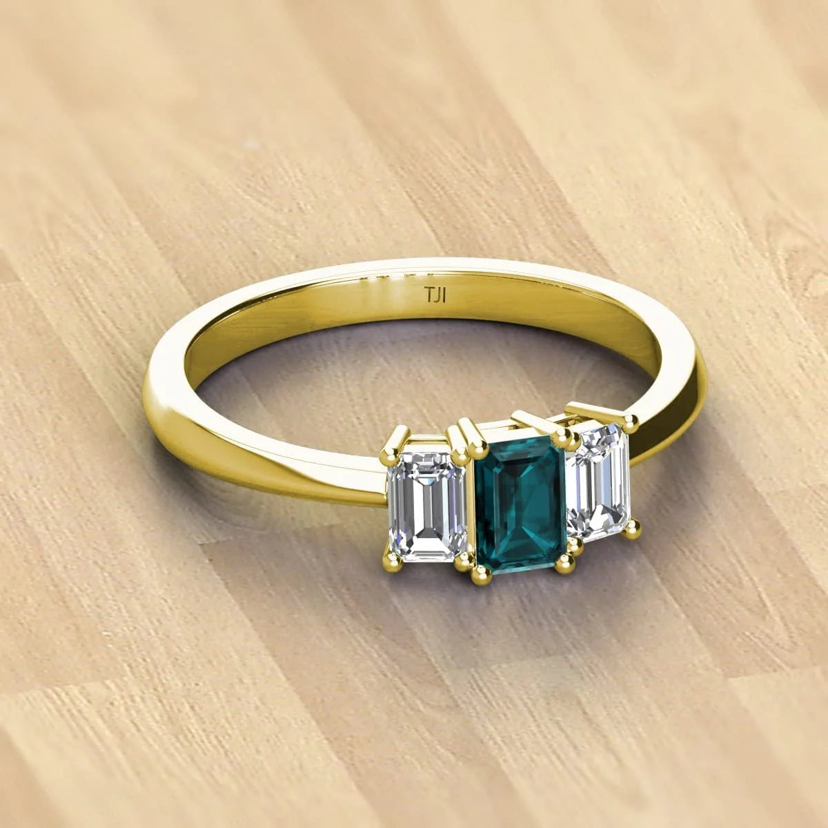 Emerald Cut 6x4 mm London Blue Topaz & Lab Grown Diamond 1 1/3 ctw 3 Stone Engagement Ring 14K Yellow Gold U876603