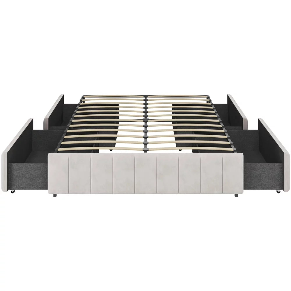 Beige Upholstered Storage Bed with 4 Drawers B824