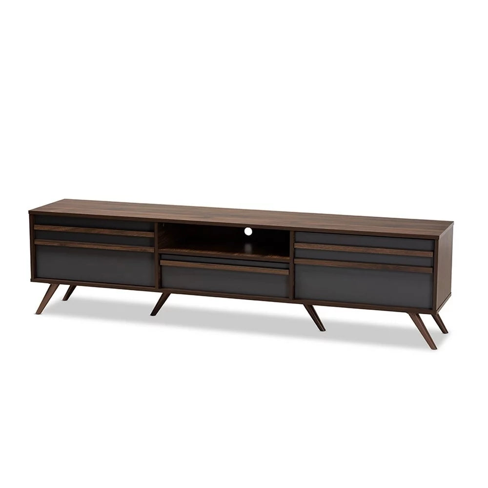 Grey Walnut Wood TV Stand with Drop-Down Compartments W74722