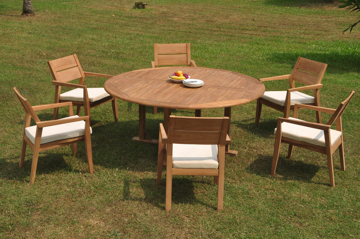 Grade-A Teak 7 Pc Dining Set with 72" Round Table and 6 Stacking Arm Chairs Q25227