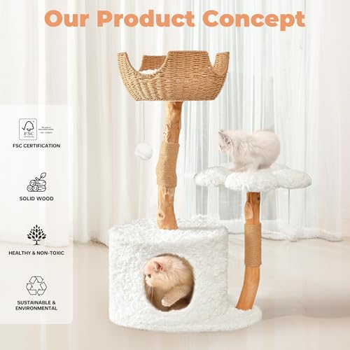 White Wood Cat Tree with Scratching Posts and Flower Platforms A756315