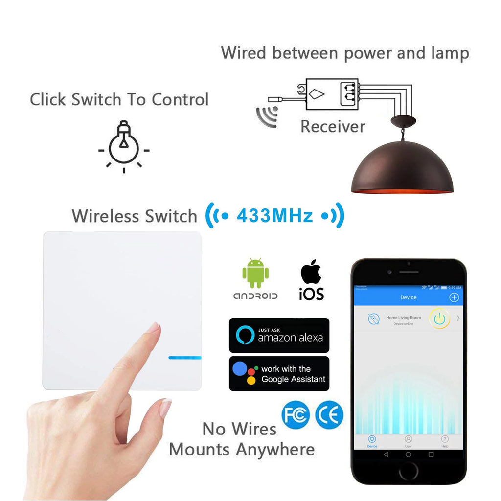 Smart Light Switch WiFi Wall Wireless 1-gang Switch with 2x WIFI Receiver G57488