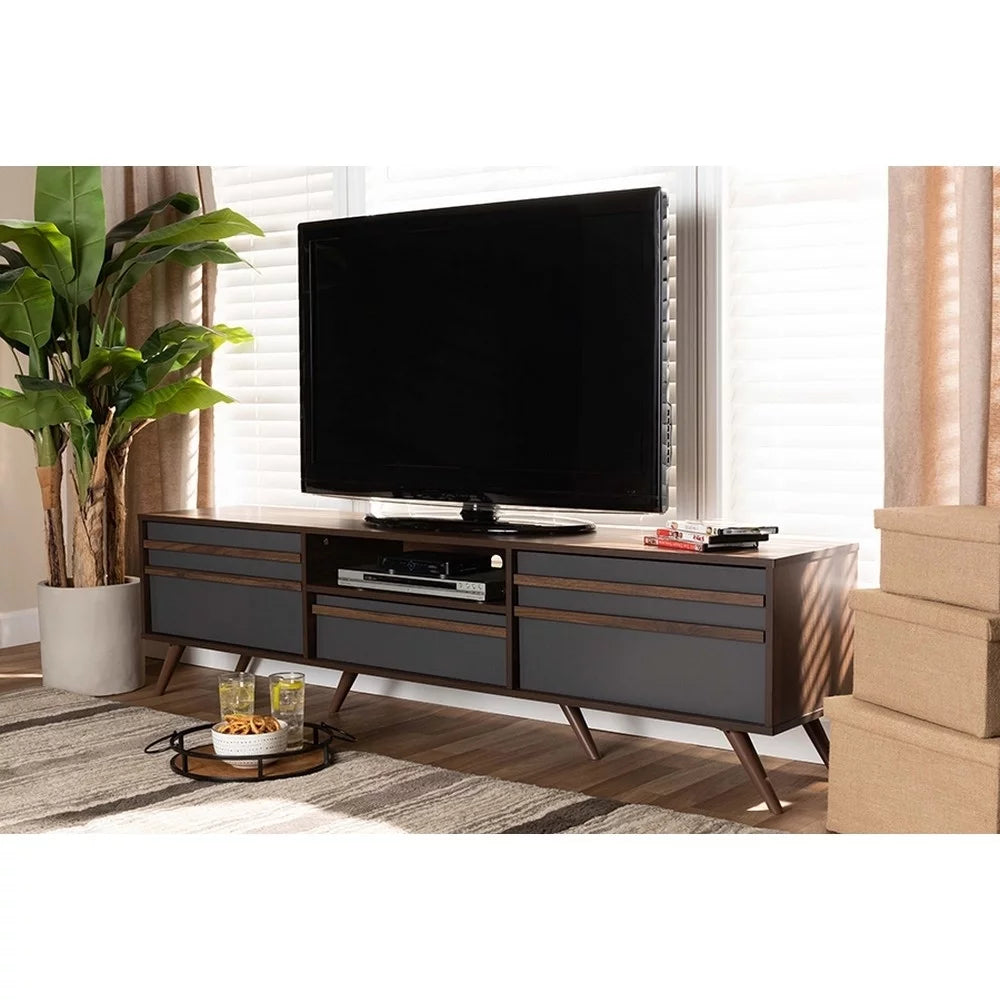 Grey Walnut Wood TV Stand with Drop-Down Compartments W74722