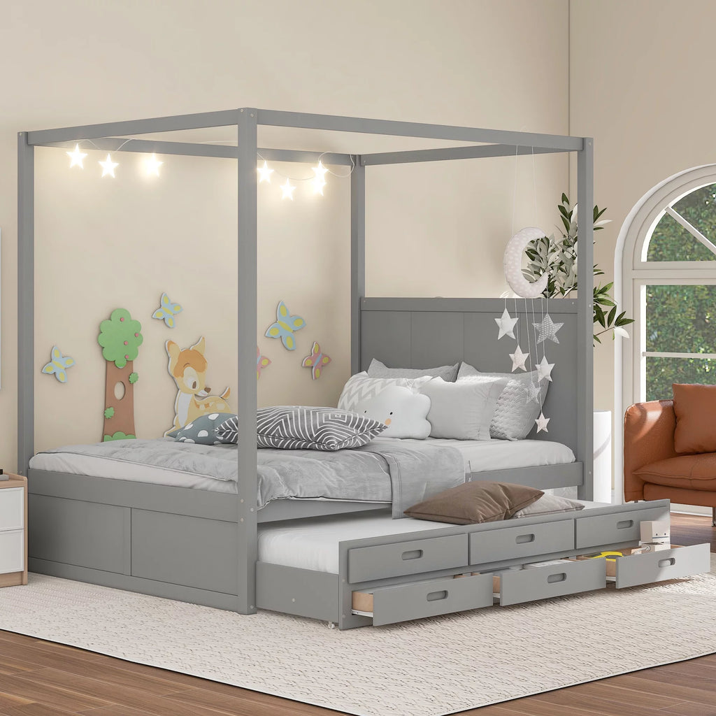 Queen Size Wood Canopy Bed with Twin Trundle and Storage Drawers X570