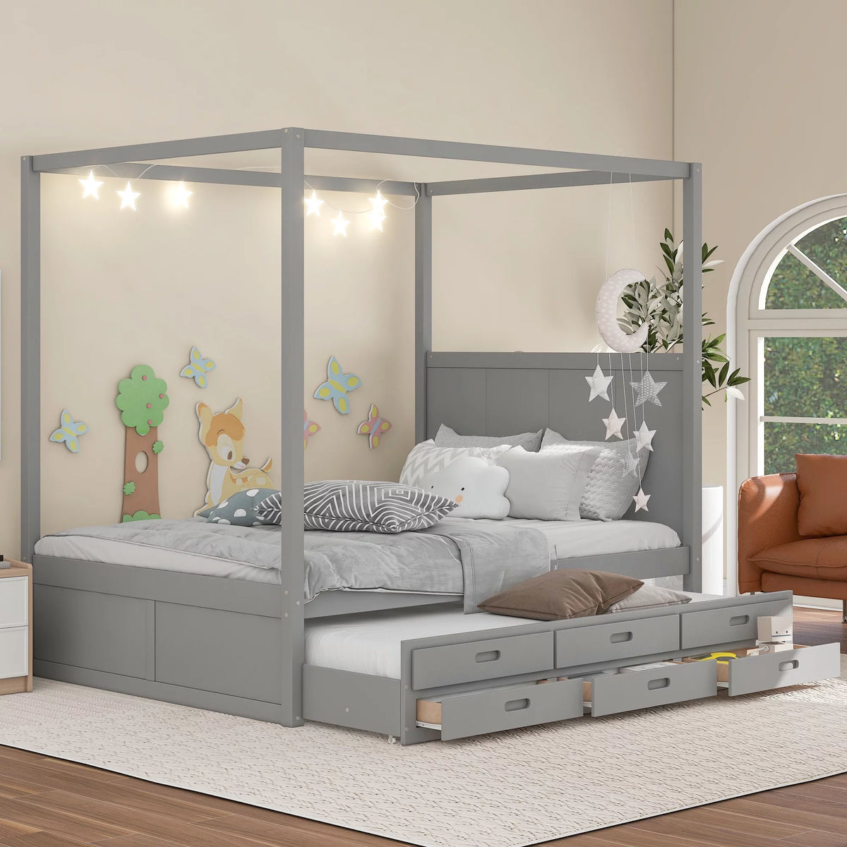 Queen Size Wood Canopy Bed with Twin Trundle and Storage Drawers X570