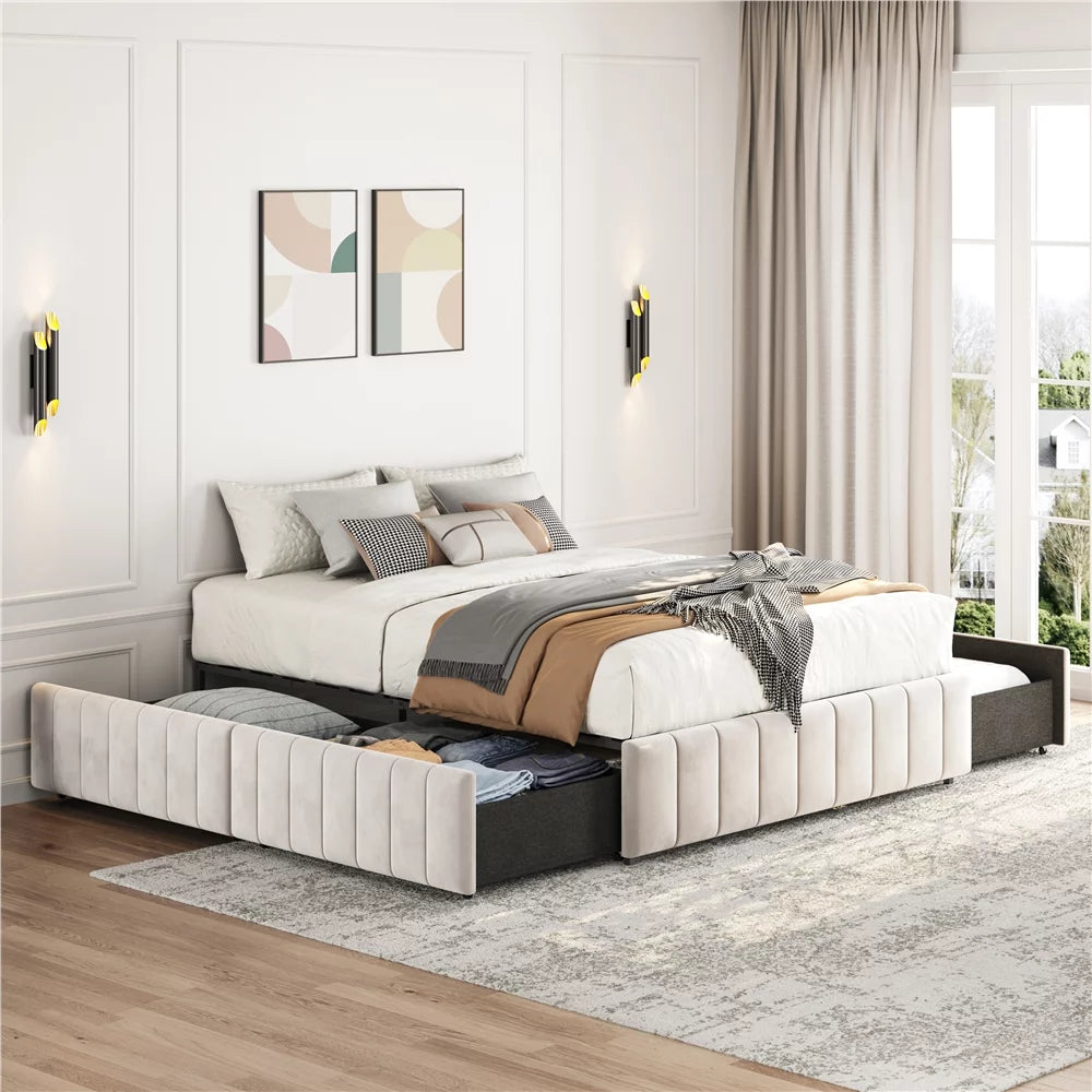 Beige Upholstered Storage Bed with 4 Drawers B824