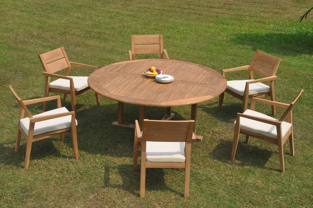 Grade-A Teak 7 Pc Dining Set with 72" Round Table and 6 Stacking Arm Chairs Q25227