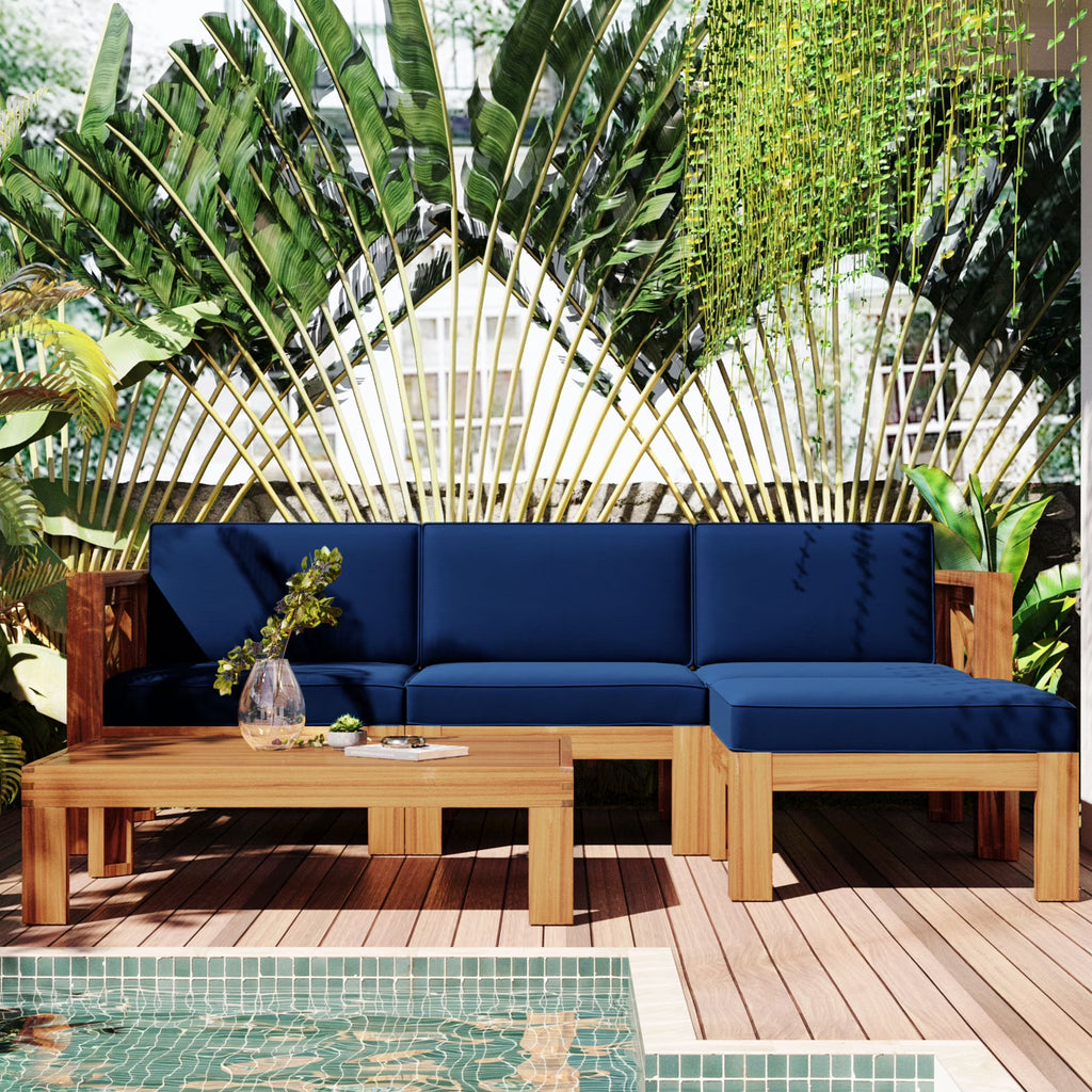 5 Piece Wood Patio Furniture Set with Blue Cushions and Coffee Table T577440