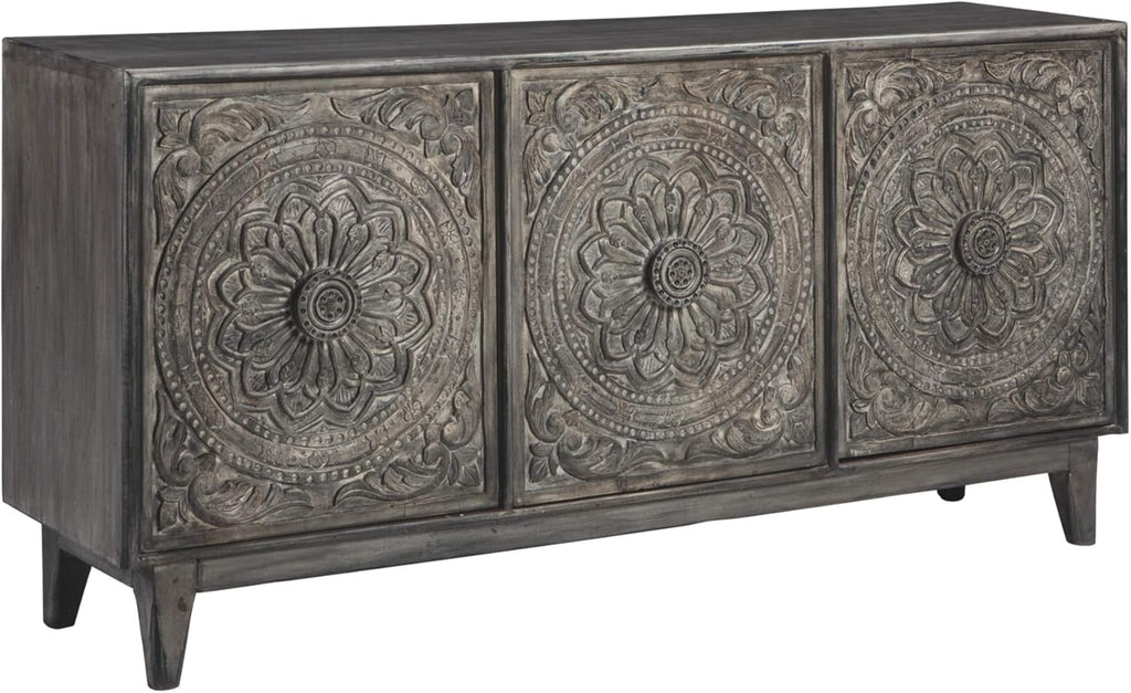 Dark Gray Hand Carved Wood Accent Cabinet N93319