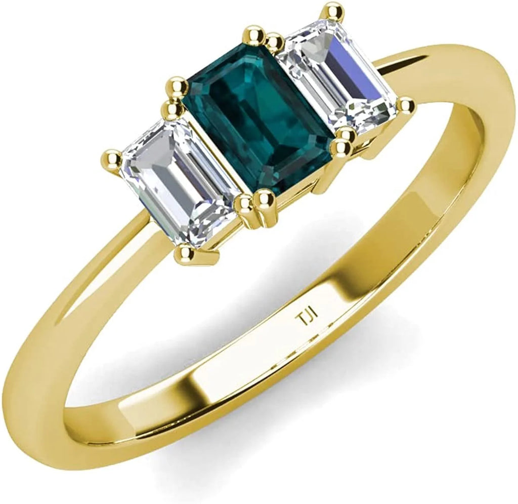 Emerald Cut 6x4 mm London Blue Topaz & Lab Grown Diamond 1 1/3 ctw 3 Stone Engagement Ring 14K Yellow Gold U876603