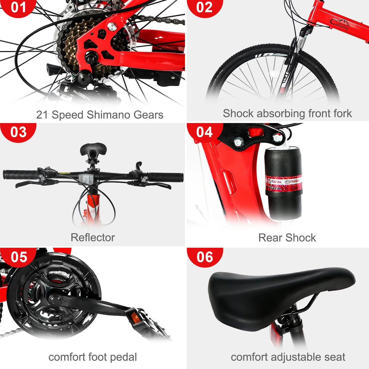 Folding Mountain Bike 21-Speed 26 inch Wheels Red V461243