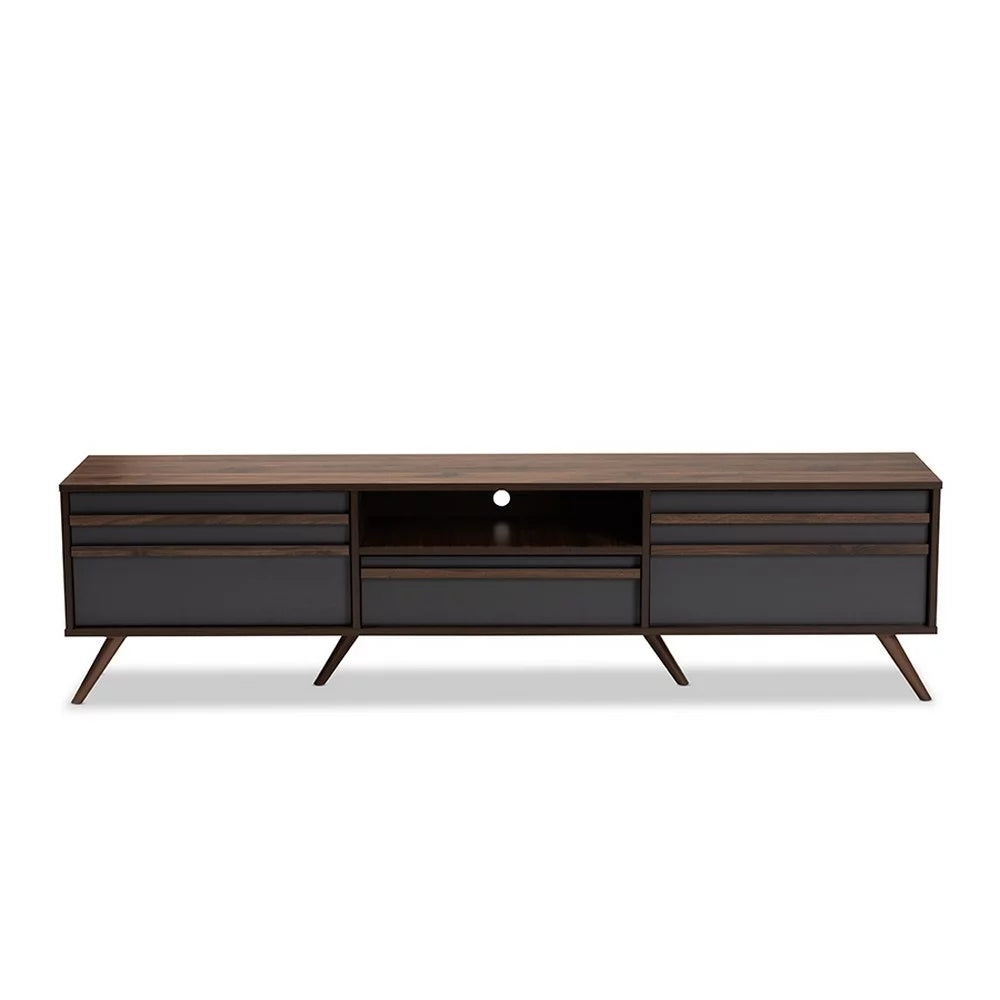 Grey Walnut Wood TV Stand with Drop-Down Compartments W74722