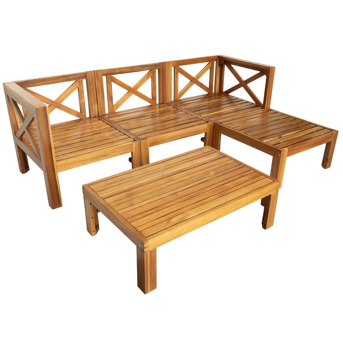 5 Piece Wood Patio Furniture Set with Blue Cushions and Coffee Table T577440